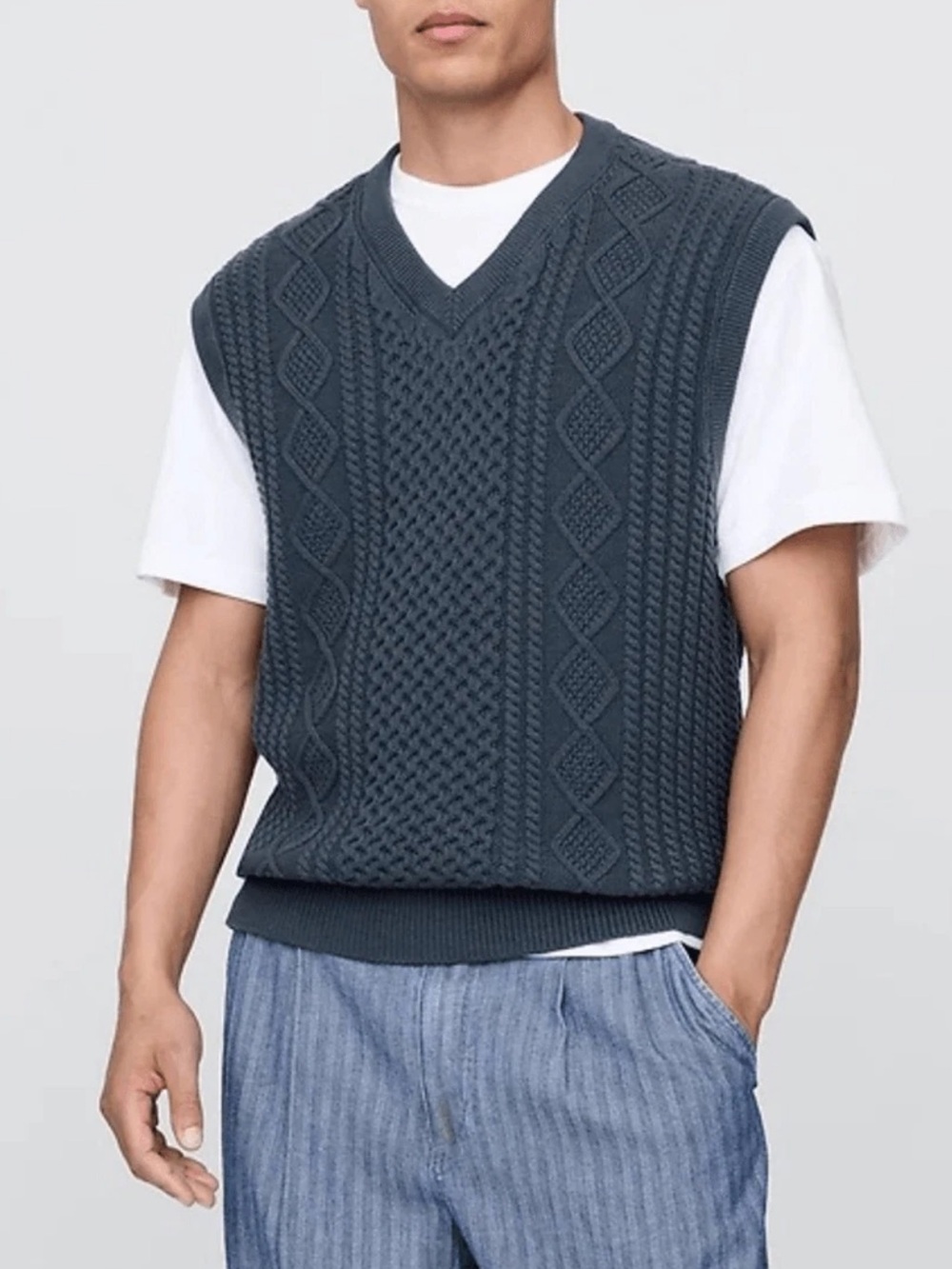 Gap x Malbon Cable-Knit Sweater Vest Fisherman V-Neck Sleeveless Blue Medium NWT